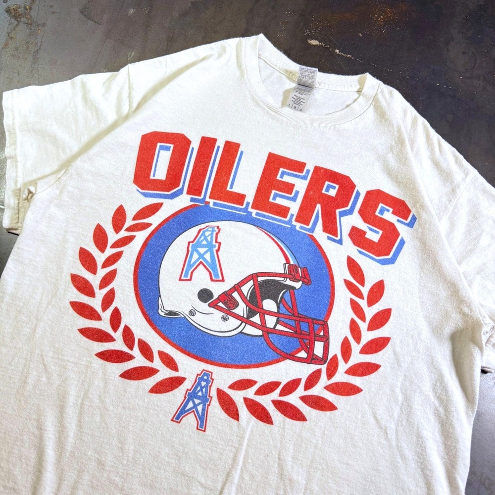 Houston Oilers Graphic Tee White Large Retro NFL Football T-Shirt Boxy Fit